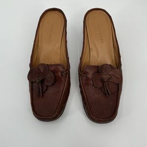 Nine West Brown Leather Slip-On Kitten Mules with Floral Tassel Accent